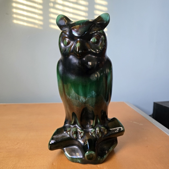 Vintage Blue Mountain Pottery Owl Statue green drip glaze bird wise cottage - Picture 4 of 14